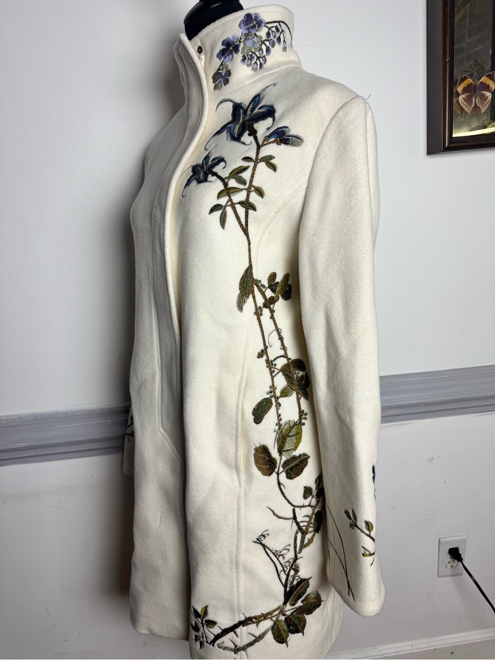 Tailor B. Moss Cream Trench Coat with Blue & Green Floral Embroidery
